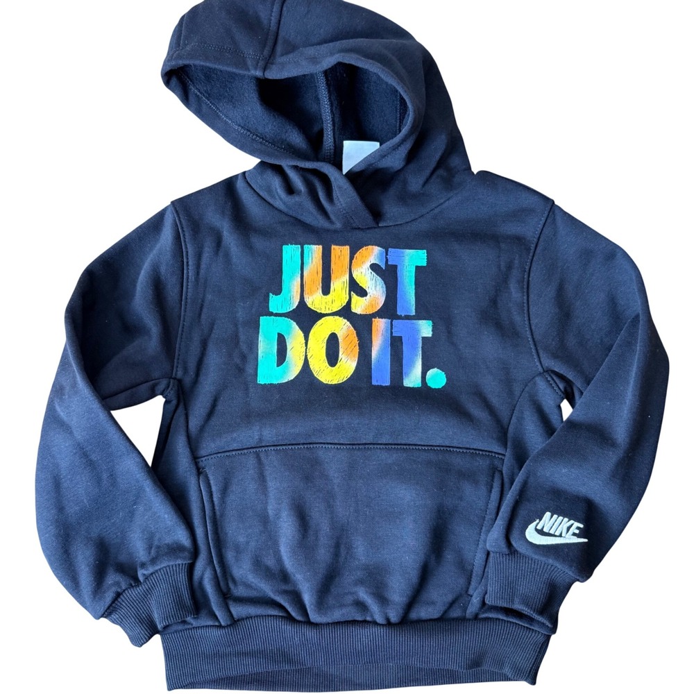 Nike Kids Just Do It Hoodie Black Multi Color Graphic Fleece Pullover 4T NWOT